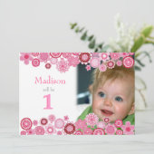 1e Birthday roze partijfotokaart Kaart (Staand voorkant)