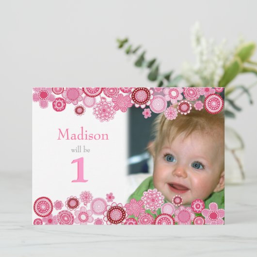 1e Birthday roze partijfotokaart Kaart (Staand voorkant)