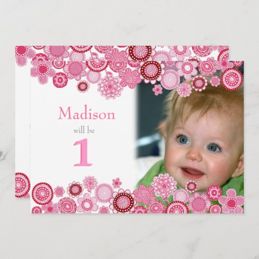 1e Birthday roze partijfotokaart Kaart (Voorkant / Achterkant)