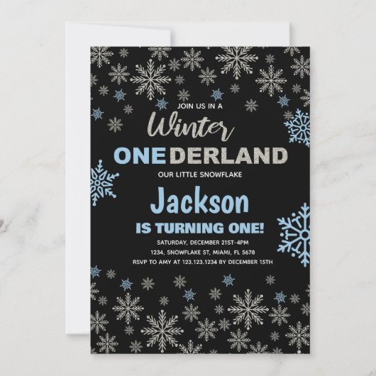 1e Blauw Zilver Sneeuw Winter Verjaardag Onederlan Kaart (Voorkant)