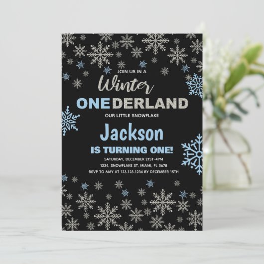 1e Blauw Zilver Sneeuw Winter Verjaardag Onederlan Kaart (Staand voorkant)