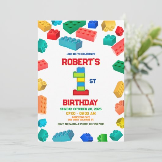 1e bouwstenen verjaardag uitnodiging, blokken kaart (Staand voorkant)