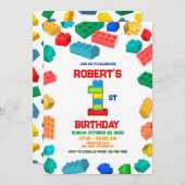 1e bouwstenen verjaardag uitnodiging, blokken kaart (Voorkant / Achterkant)
