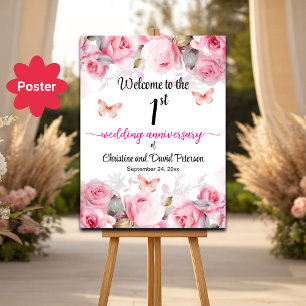 1e bruiloft Jubileum Blush Rozen Welkom Poster