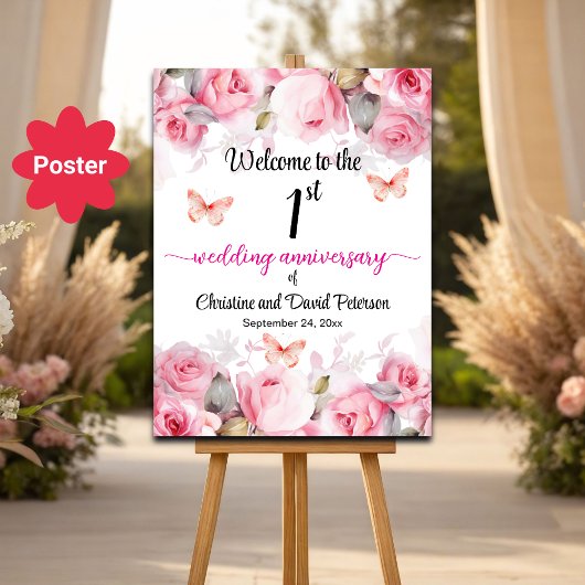 1e bruiloft Jubileum Blush Rozen Welkom Poster