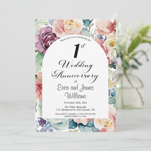 1e bruiloft Jubileum Elegant Script Floral Kaart (Staand voorkant)