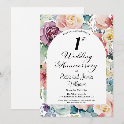 1e bruiloft Jubileum Elegant Script Floral Kaart (Voorkant / Achterkant)