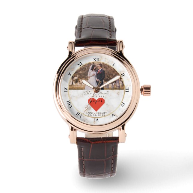 1e bruiloft Jubileum gepersonaliseerde papieren br Horloge (Voorkant)