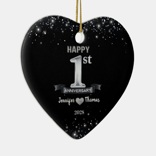 1e bruiloft Jubileum Glitter Silver Custom Keramisch Ornament (Rechts)