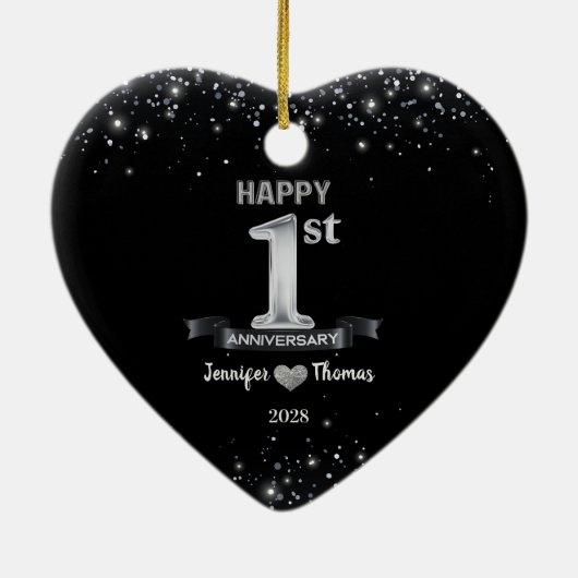 1e bruiloft Jubileum Glitter Silver Custom Keramisch Ornament (Achterkant)