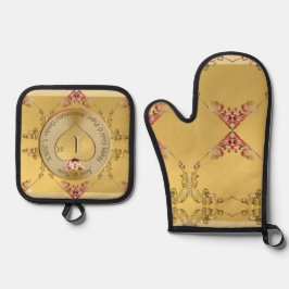 1e bruiloft Jubileum Golden Heart Embleem Ovenwant & Pannenlap Set