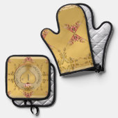 1e bruiloft Jubileum Golden Heart Embleem Ovenwant & Pannenlap Set (Voorkant / Achterkant)