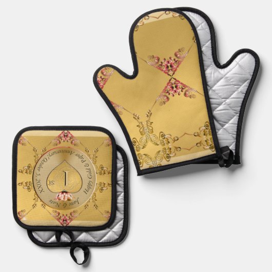 1e bruiloft Jubileum Golden Heart Embleem Ovenwant & Pannenlap Set (Voorkant / Achterkant)