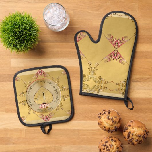 1e bruiloft Jubileum Golden Heart Embleem Ovenwant & Pannenlap Set (Top down)