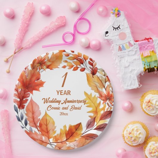 1e bruiloft Jubileum Herfst Bloemen Papieren Bordje (Feest)