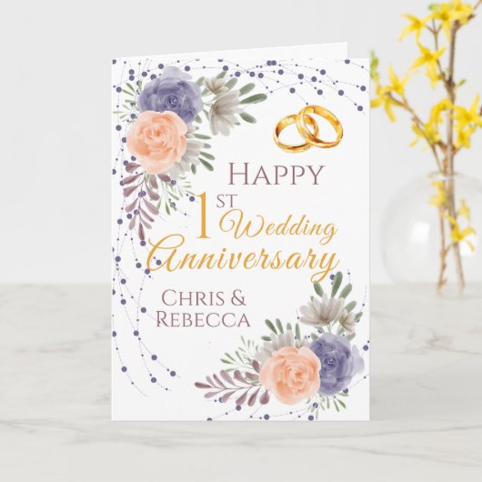 1e Bruiloft Jubileum Pioen Roos Paarse Kaart (Gele Bloem)