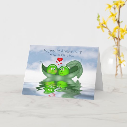 1e bruiloft Jubileum, twee erwten in een pod, hart Kaart (Gele Bloem)