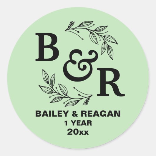 1e bruiloft Jubileum verlaat Motif Monogram Ronde Sticker (Voorkant)