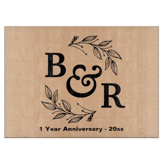 1e bruiloft Jubileum verlaat Motif Monogram Snijplank (Voorkant)