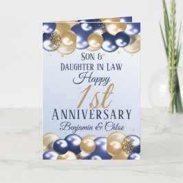 1e bruiloft Jubileum Zoon Dochter Navy Gold Kaart
