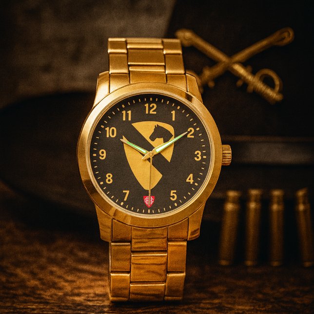 1e Cavaleriedivisie Tribute Goud Horloge (1st Cavalry Division Tribute Gold Stainless Steel Wristwatch )