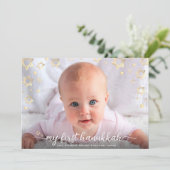 1e Chanoeka Baby Fotoscript Gouden ster van David Feestdagenkaart (Staand voorkant)