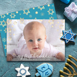 1e Chanoeka Baby Fotoscript Gouden ster van David Feestdagenkaart