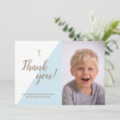 1e Communie Dank u Moderne Blauwe Jongen Foto Bedankkaart (Staand voorkant)