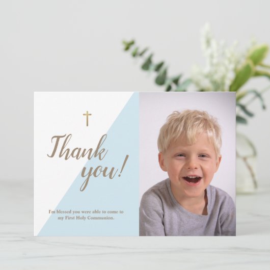 1e Communie Dank u Moderne Blauwe Jongen Foto Bedankkaart (Staand voorkant)
