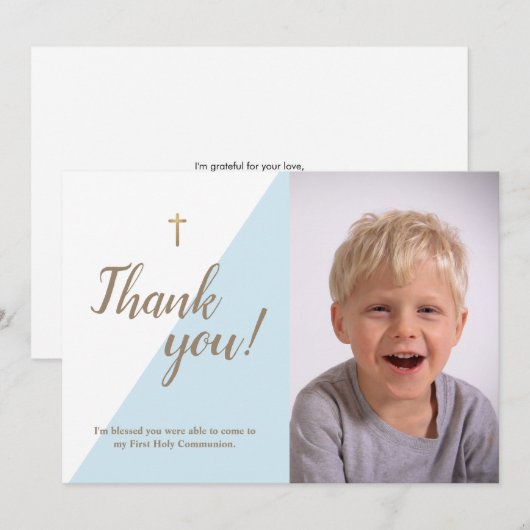 1e Communie Dank u Moderne Blauwe Jongen Foto Bedankkaart (Voorkant / Achterkant)