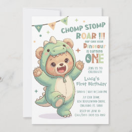 1e Dino Verjaardagsfeestje | Cute Teddybeer Dinosa Kaart