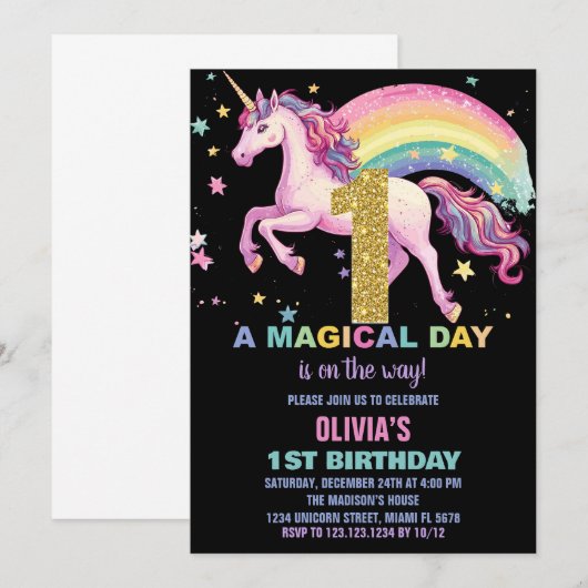 1e Eenhoorn Verjaardag Uitnodigingen Zwart (Voorkant / Achterkant)