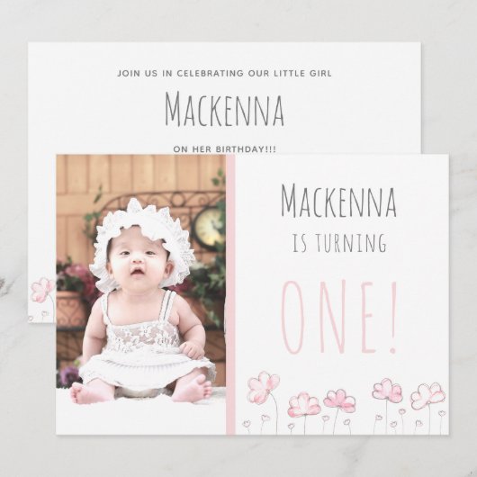 1e eerste verjaardag Blush Pink Simple Girls Foto Kaart (Voorkant / Achterkant)