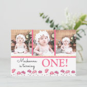 1e eerste verjaardag Roze goudbloem Foto Collage Kaart (Staand voorkant)