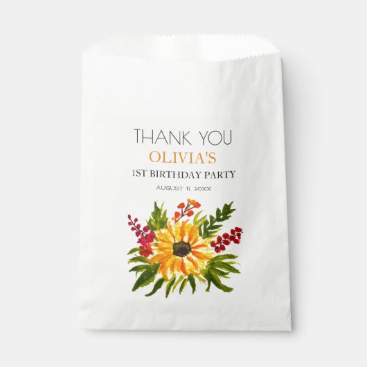 1e Eerste Verjaardagsfeest Zonnebloem Baby Meisje Bedankzakje (Voorkant)