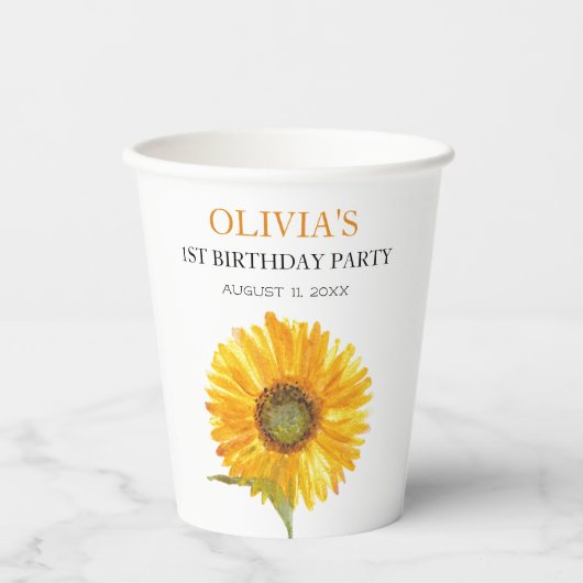 1e Eerste Verjaardagsfeest Zonnebloem Baby Meisje Papieren Bekers (Voorkant)