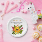 1e Eerste Verjaardagsfeest Zonnebloem Baby Meisje Papieren Bordje (Feest)
