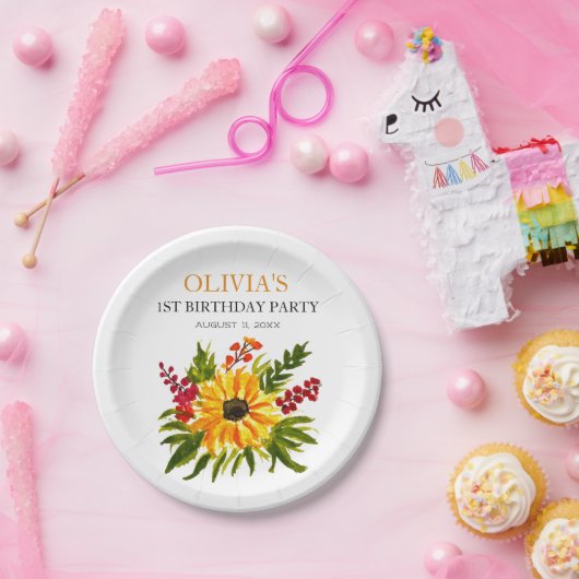 1e Eerste Verjaardagsfeest Zonnebloem Baby Meisje Papieren Bordje (Feest)