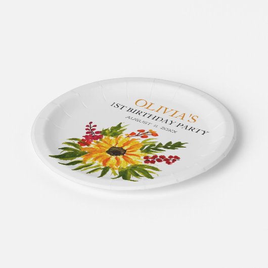 1e Eerste Verjaardagsfeest Zonnebloem Baby Meisje Papieren Bordje (Gekanteld)