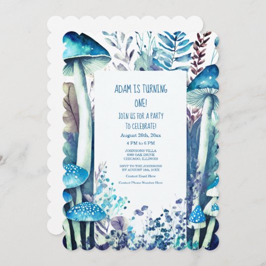 1e Eerste Verjaardagsfeestje Blauw Wit Paddestoel  Kaart (Voorkant / Achterkant)