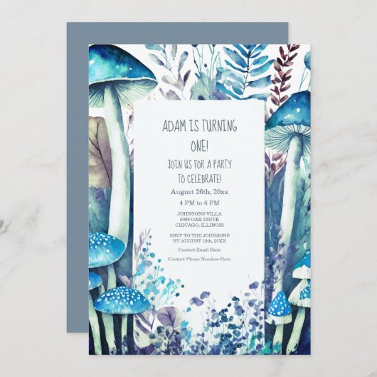 1e Eerste Verjaardagsfeestje Blauwe Paddenstoelen  Kaart (Voorkant / Achterkant)