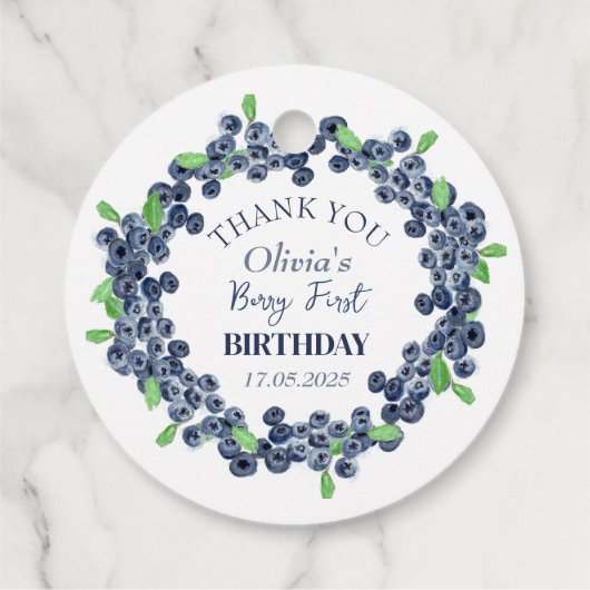 1e Eerste Verjaardagsfeestje Blueberry Baby Meisje Bedankjes Labels (Achterkant)
