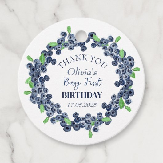 1e Eerste Verjaardagsfeestje Blueberry Baby Meisje Bedankjes Labels (Voorkant)