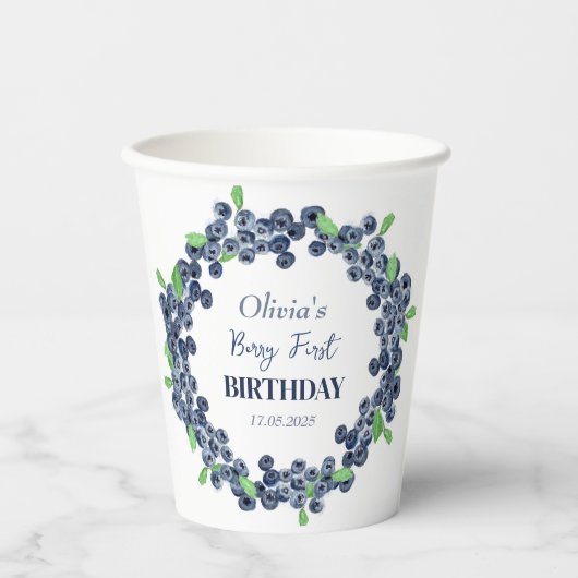 1e Eerste Verjaardagsfeestje Blueberry Baby Meisje Papieren Bekers (Voorkant)