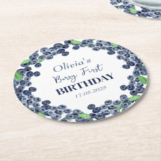1e Eerste Verjaardagsfeestje Blueberry Baby Meisje Ronde Kartonnen Onderzetter (Gebogen)
