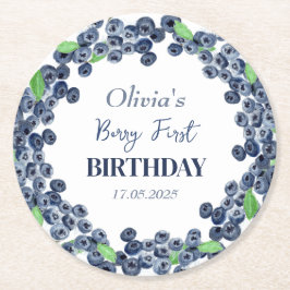 1e Eerste Verjaardagsfeestje Blueberry Baby Meisje Ronde Kartonnen Onderzetter