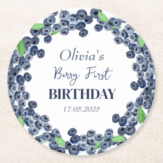 1e Eerste Verjaardagsfeestje Blueberry Baby Meisje Ronde Kartonnen Onderzetter (Voorkant)
