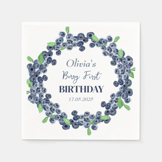 1e Eerste Verjaardagsfeestje Blueberry Baby Meisje Servet (Voorkant)