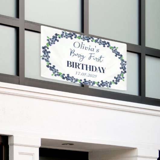1e Eerste Verjaardagsfeestje Blueberry Baby Meisje Spandoek (Buitenkant Gebouw)