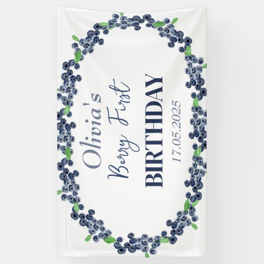 1e Eerste Verjaardagsfeestje Blueberry Baby Meisje Spandoek (Verticaal)